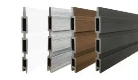 Die co-extrudierten 179,5 x 15 x 2 cm WPC Lamellen sind in den Farben Weiß, Silver, Teak und Charcoal erhältlich