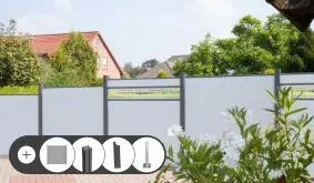 Alu Sichtschutz Komplettset Jelling. Im Set enthalten sind Zaunfelder, Alupfosten 9 x 9 cm und Pfostenleisten in Anthrazit oder Silber und optional Pfostenkonsolen, Einzeltor und Doppeltor.