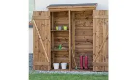 Bringt Ordnung in Ihren Garten: 122 x 40 x 180 cm Gartengeräteschrank mit Pultdach aus braun lasiertem Fichtenholz