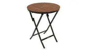 Runder Balkonklapptisch mit anthrazitem Stahlgestell und Tischplatte aus Akazienholz