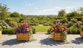 Zwei große Holzpflanzkästen mit bunten Sommerblumen auf einer Terrasse; dahinter ein gepflegter Garten mit Wiese, Beeten und weiter Landschaft.
