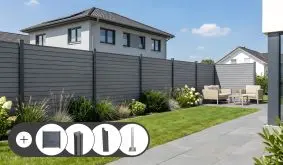 BPC Rhombus Zaun Komplettset Silkeborg mit Rhombus-Lamellen in Steingrau. Im Set enthalten sind Zaunfelder, Alupfosten und Pfostenleisten in Anthrazit oder Silber und optional Pfostenkonsolen, Tor und Doppeltor.