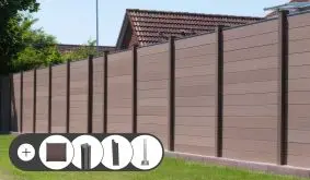 BPC Sichtschutz Komplettset Odense mit BPC-Lamellen in Terra. Im Set enthalten sind Zaunfelder, Alupfosten und Pfostenleisten in Anthrazit oder Silber und optional Pfostenkonsolen, Tor und Doppeltor.