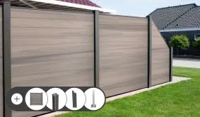 BPC Sichtschutzwand Komplettset Ribe mit BPC-Lamellen in Bi-Color. Im Set enthalten sind Zaunfelder, Alupfosten und Pfostenleisten in Anthrazit oder Silber und optional Pfostenkonsolen, Tor und Doppeltor.