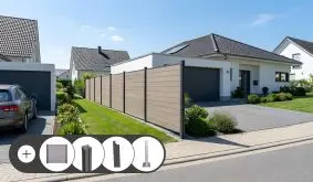 BPC Zaunelemente Komplettset Esbjerg mit BPC-Lamellen in Bi-Color Sand. Im Set enthalten sind Zaunfelder, Alupfosten und Pfostenleisten in Anthrazit oder Silber und optional Pfostenkonsolen, Tor und Doppeltor.