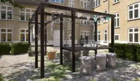 Flexible Multifunktionseinheit für die ganze Familie: Tisch, Wäscheständer, Pergola und Fitnessgerät in einem