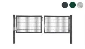 Universaltor für Einfahrten aller Art: Das zweiflügelige 8/6/8 Doppelstabzaun Tor Maxi. Es ist feuerverzinkt sowie pulverbeschichtet in Grün (RAL 6005) und Anthrazit (RAL 7016) erhältlich
