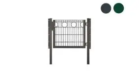 Die einflügelige 1000 mm Zauntür Metall zeichnet sich durch eine 6/5/6 mm Füllung und Ø 145 mm Zierkreise aus. Sie ist in 800, 1000 und 1200 mm erhältlich