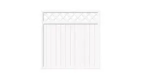Weißes Sichtschutzzaun-Element mit vertikalen Lamellen und dekorativem Rankgitter-Aufsatz im Rautenmuster, 180x180 cm groß