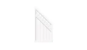 Weißes Sichtschutzzaun-Element mit Rankgitter, schräg abfallend. Vertikale Lamellen und dekoratives Gittermuster am oberen Rand.