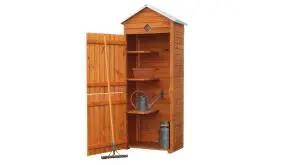 Tauchimprägnierter 76 x 49 x 193 cm Gartenschrank aus Kiefer mit Stalltür, drei Regalböden und Stahlblechdach. Erhältlich in zwei Farben