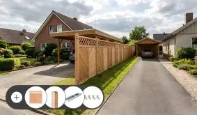 Gartensichtschutz Douglasie Komplettset aus Douglasie mit Douglasie-Pfosten und verzinkten H-Pfostenträgern. Im Set enthalten sind Zaunelemente, Pfosten 9 x 9 oder 11 x 11 cm, H-Pfostenträger, Durchgangsschrauben und Zaunwinkel V2A.