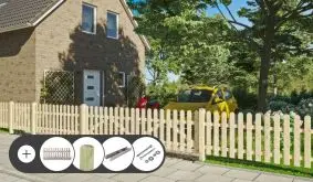 Das Gartenzaun Komplettset ist leicht zusammenzustellen und wird schnell zu Ihnen nach Hause geliefert. Zur Auswahl stehen 2 verschiedene Zaunformen sowie optionale Zauntore.