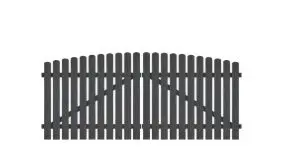 Wetterfestes Gartentor aus Vollkunstofflatten auf Aluminiumrahmen, 308 x 120 auf 135 cm, anthrazit (RAL 7016), inkl. verstellbare Edelstahlbeschläge (6mm starke Ladenbänder vormontiert), Überwurf, Bodenriegel, Metallhülsen und Arretierung.