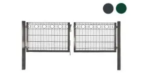 Das zweiflügelige 3000 mm Gittermattenzaun Tor ist in 800, 1000 und 1200 mm verfügbar, jeweils Anthrazit und Grün pulverbeschichtet
