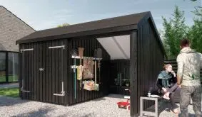 Schwarz gestrichener Geräteschuppen mit Dachpappe in der 432 x 248 x 250 cm Ausführung mit Tor