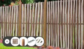 Haselnuss Sichtschutz Zaun Komplettset mit Zaunelementen, Holzpfosten 9 x 9 cm und H-Pfostenträgern. Im Set enthalten sind Zaunelemente, Zaunbeschläge, Pfosten, H-Pfostenträger und Durchgangsschrauben.