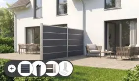 HPL Steckzaun Komplettset, hier in Anthrazit mit Pfosten in Silber – in 4 Dekoren erhältlich. Im Set enthalten sind Zaunsets aus 5 HPL-Lamellen, Befestigungssets, Eco Steckzaun Pfosten und optional Pfostenträger und ein passendes Gartentor.