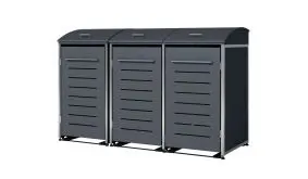 Mülltonnenverkleidung aus Stahl für 3 Tonnen mit jeweils einer vorderen und einer oberen Öffnungsmöglichkeit vor weißem Hintergrund