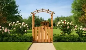 Holzbogen mit passendem Gartentor steht zwischen blühenden Rosen und öffnet den Weg zu einer weitläufigen, sonnigen Gartenanlage mit Gartenhaus.