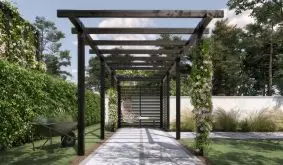 Doppelpergola mit breiter Überdachungsfläche: Moderne Pergola aus Holz für wirkungsvolle Gartenwege oder geschützte Laufgänge