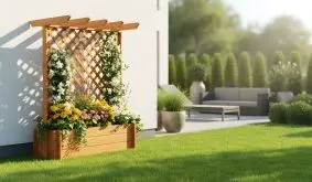 Holzpflanzkasten mit Rankgitter und bunten Blumen vor einer Hauswand, umgeben von gepflegtem Rasen und Terrassenlounge.