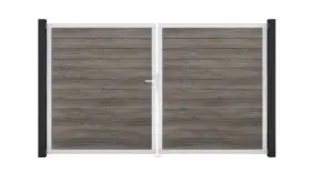 Zweiflügliges Steckzaun Tor aus witterungsbeständigem PVC in 300 cm Breite. Holzdekor: Monument Oak