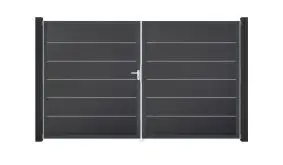 Anthrazitfarbenes Doppeltor bestehend aus wetterfesten PVC-Lamellen. Lieferung inkl. Montagematerial