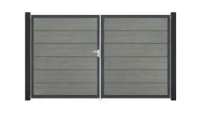 Doppeltor aus aschgrauen PVC-Lamellen mit umlaufenden Rahmen in Anthrazit. Maß: 300 x 180 cm