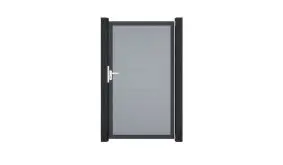 Silbergraue Einzeltür aus pflegeleichtem PVC (PolyVinylChlorid) und Alurahmen. Maß: 100 x 180 cm