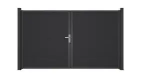 Anthrazitfarbenes PVC-Doppeltor inkl. Bänder, Schließblech, Schloss und Griff. Maß: 300 x 180 cm