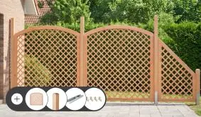 Rankgitter Douglasie Komplettset Bern aus Douglasie mit Douglasie-Pfosten und verzinkten H-Pfostenträgern. Im Set enthalten sind Zaunelemente, Pfosten 9 x 9 oder 11 x 11 cm, H-Pfostenträger, Durchgangsschrauben und Zaunwinkel V2A.