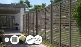 Rankgitter Grau Harmoni Komplettset mit Zaunelementen, Leimholzpfosten 9 x 9 cm und H-Pfostenträgern. Im Set enthalten sind Zaunelemente, Zaunbeschläge, Pfosten, H-Pfostenträger und Durchgangsschrauben.
