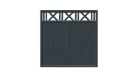 Stilvolles und elegantes 180 x 180 cm Zaunfeld in Anthrazit mit ansprechendem Rankgitterornament oberhalb und geschlossener, senkrechter Füllung für Sichtschutz