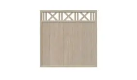 Schönes 180 x 180 cm Zaunfeld aus Kunststoff in der Farbe Sheffield Oak mit Rankgitterornament und senkrechter Füllung