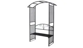 Der Rosenbogen aus pulverbeschichtetem Stahl im Maß 150 x 50 x 220 cm hat eine integrierte Sitzbank mit Lehne für 2 Personen