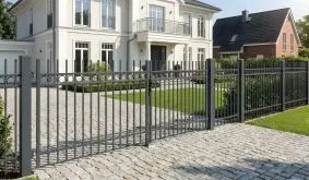 Schmiedeeisen Zaun Lille, anthrazitfarbener Metallzaun mit Zierkreisen und Doppeltor an Einfahrt vor Haus