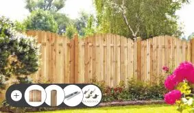 Sichtschutz Gartenzaun Komplettset Bochum mit Hochbogen-Elementen mit Zaunelementen, Holzpfosten 9 x 9 cm und H-Pfostenträgern. Im Set enthalten sind Zaunelemente, Zaunbeschläge, Pfosten, H-Pfostenträger und Durchgangsschrauben.
