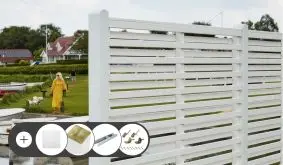 Sichtschutz Osaka Weiß Komplettset mit Zaunelementen, Leimholzpfosten 9 x 9 cm und H-Pfostenträgern. Im Set enthalten sind Zaunelemente, Zaunbeschläge, Pfosten, H-Pfostenträger und Durchgangsschrauben.