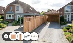 Sichtschutzwand Douglasie Komplettset Uster aus Douglasie mit Douglasie-Pfosten und verzinkten H-Pfostenträgern. Im Set enthalten sind Zaunelemente, Pfosten 9 x 9 oder 11 x 11 cm, H-Pfostenträger, Durchgangsschrauben und Zaunwinkel V2A.