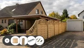 Sichtschutzzaun Komplettset Köln Bogen mit Zaunelementen, Holzpfosten 9 x 9 cm und H-Pfostenträgern. Im Set enthalten sind Zaunelemente, Zaunbeschläge, Pfosten, H-Pfostenträger und Durchgangsschrauben.