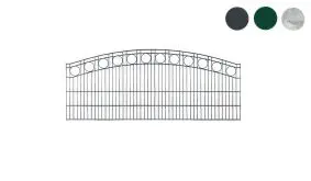 Mit Oberbogen und Zierkreisen: Die Stabgittermatten Royal mit einer Füllung aus 9/20/9 mm U-Profilen und Ø 6 mm Stäben