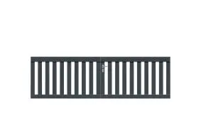 Anthrazitfarbenes Doppeltor in dem Maß 308,5 x 90 cm inklusive Bänder, Rohrrahmenschloss, Auflaufstütze, Bodenschieber, Schrauben, beidseitiger Drückergarnitur und Profilzylinder. Bitte verwenden Sie Torpfosten