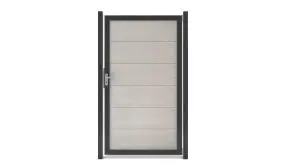 Tor aus hochwertigen BPC-Lamellen und rostftreiem Aluminiumrahmen in Bi-Color Weiß. Maß: 100 x 180 cm