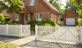 Vorgartenzaun Skagen Lux in Weiß als Holz-Lattenzaun mit Tor und Doppeltor vor einem Klinkerhaus mit Einfahrt