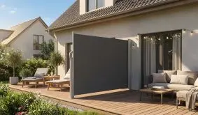 Windschutz Markise Lyon in Anthrazit, ausgezogene Seitenmarkise zwischen Hauswand und Pfosten auf Holzterrasse