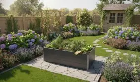 WPC Pflanzkübel Anthrazit im Garten bepflanzt mit Gemüse und Kräutern, moderner Pflanzkübel auf Steinfläche