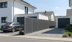 WPC Steckzaun Atura in Schiefergrau mit horizontalen Lamellen, seitliche Einfriedung einer Einfahrt.