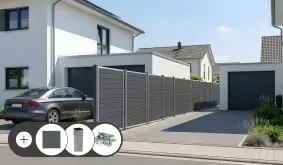 WPC Steckzaun Komplettset Atura mit Lamellen in Schiefergrau und Stahlpfosten verzinkt. Im Set enthalten sind Atura Sets, Stahlpfosten, Schraubensets und optional eine Tür.