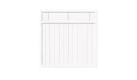 Stabiles Zaunfeld 180 x 180 cm in Weiß mit senkrechter, geschlossener Füllung und schräggestellten Lamellen oberhalb